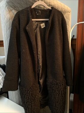 #98 Zara Dark Black Teddy Bouclé Coat with Textured Hem